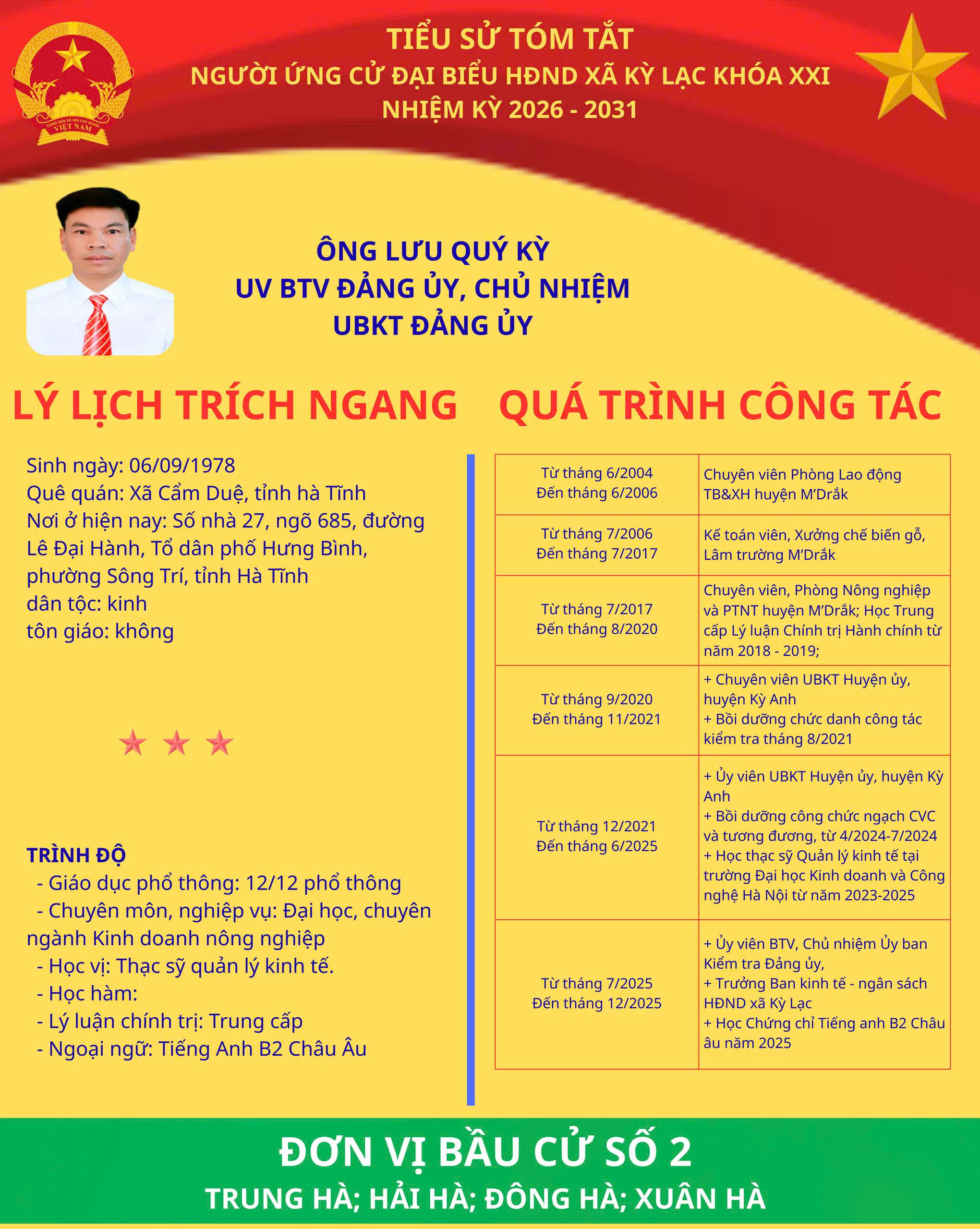 ĐẢNG ỦY XÃ KỲ LẠC TRÂN TRỌNG GIỚI THIỆU THÔNG TIN ĐỒNG CHÍ LƯU QUÝ KỲ, ỦY VIÊN BTV ĐẢNG ỦY, CHỦ NHIỆM ỦY BAN KIỂM TRA ĐẢNG ỦY, ĐẠI BIỂU HĐND XÃ KỲ LẠC KHÓA XX, NHIỆM KỲ 2021 - 2026 ỨNG CỬ ĐẠI BIỂU HỘI ĐỒNG NHÂN DÂN XÃ KỲ LẠC KHÓA XXI, NHIỆM KỲ 2026 - 2031