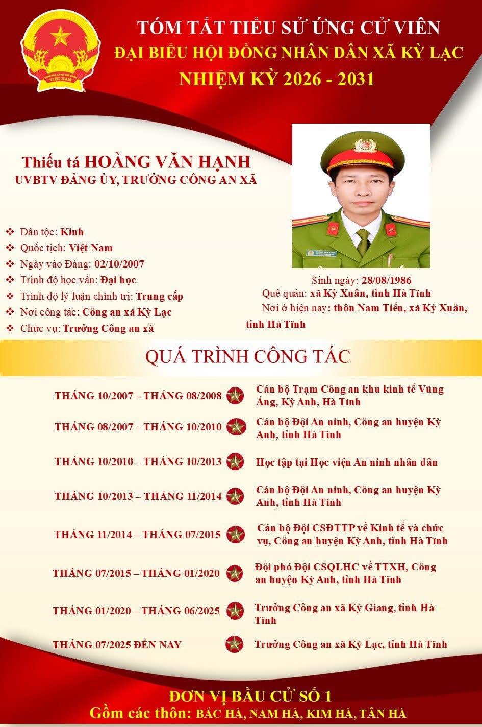 ĐẢNG ỦY XÃ KỲ LẠC TRÂN TRỌNG GIỚI THIỆU THÔNG TIN ĐỒNG CHÍ HOÀNG VĂN HẠNH, ỦY VIÊN BTV ĐẢNG ỦY, TRƯỞNG CÔNG AN XÃ KỲ LẠC ỨNG CỬ ĐẠI BIỂU HỘI ĐỒNG NHÂN DÂN XÃ KỲ LẠC KHÓA XXI, NHIỆM KỲ 2026 - 2031