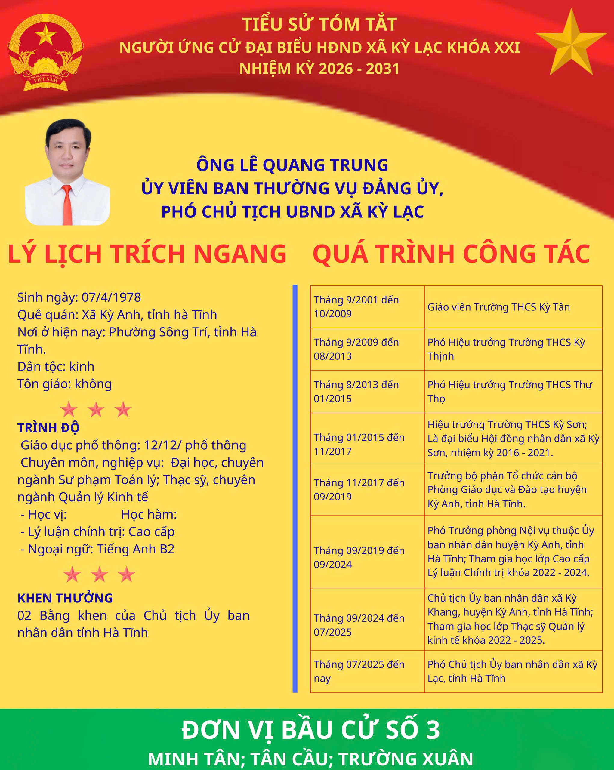 ĐẢNG ỦY XÃ KỲ LẠC TRÂN TRỌNG GIỚI THIỆU THÔNG TIN ĐỒNG CHÍ LÊ QUANG TRUNG, ỦY VIÊN BTV ĐẢNG ỦY, PHÓ CHỦ TỊCH UBND XÃ, ĐẠI BIỂU HĐND XÃ KỲ LẠC KHÓA XX, NHIỆM KỲ 2021 - 2026 ỨNG CỬ ĐẠI BIỂU HỘI ĐỒNG NHÂN DÂN XÃ KỲ LẠC KHÓA XXI, NHIỆM KỲ 2026 - 2031