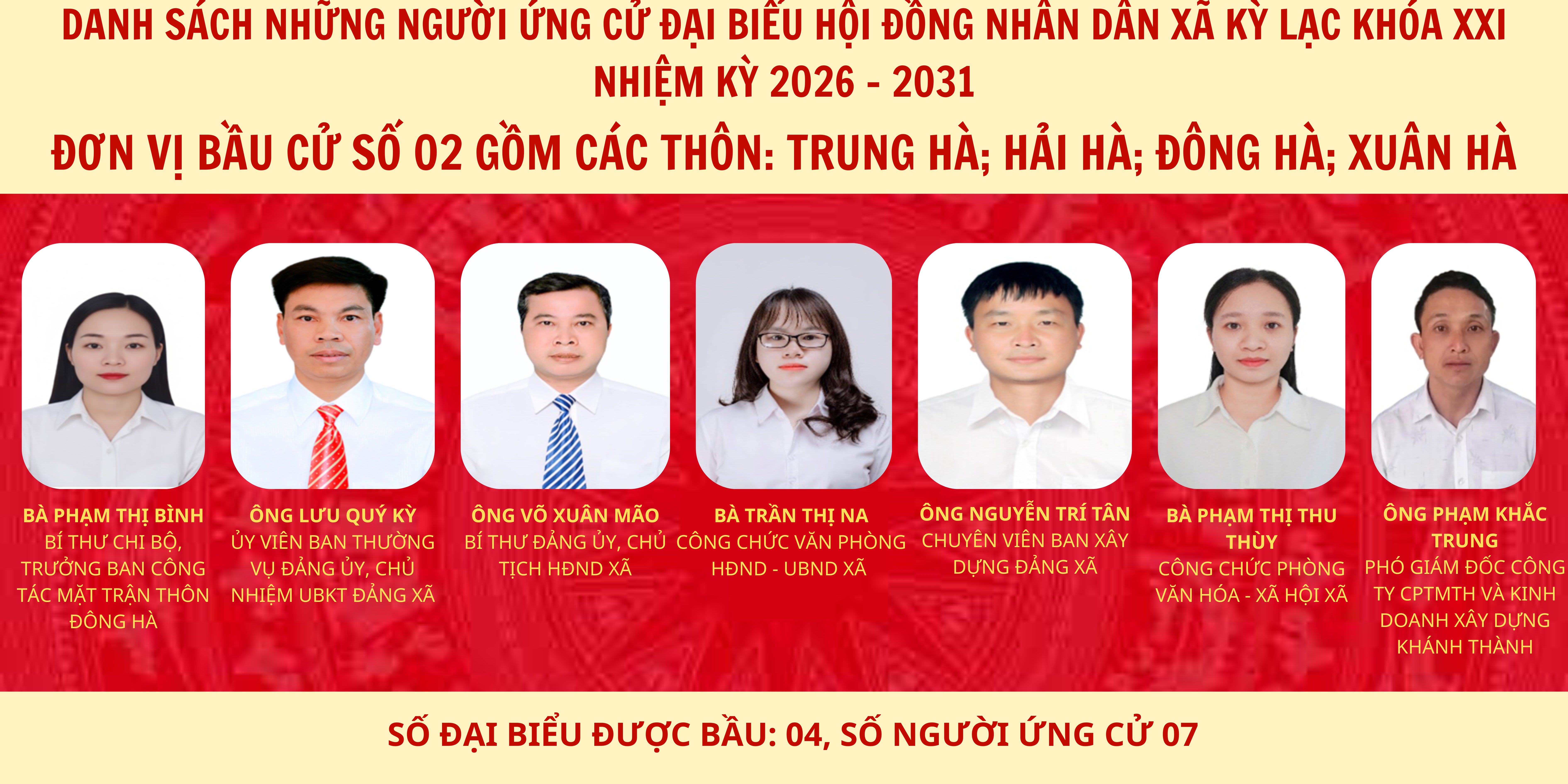 XÃ KỲ LẠC CÔNG DANH SÁCH ỨNG CỬ ĐẠI BIỂU HĐND XÃ KHÓA XXI, NHIỆM KỲ 2026 - 2031 TẠI ĐƠN VỊ BẦU CỬ SỐ 02 GỒM CÁC THÔN: TRUNG HÀ; HẢI HÀ; ĐÔNG HÀ; XUÂN HÀ