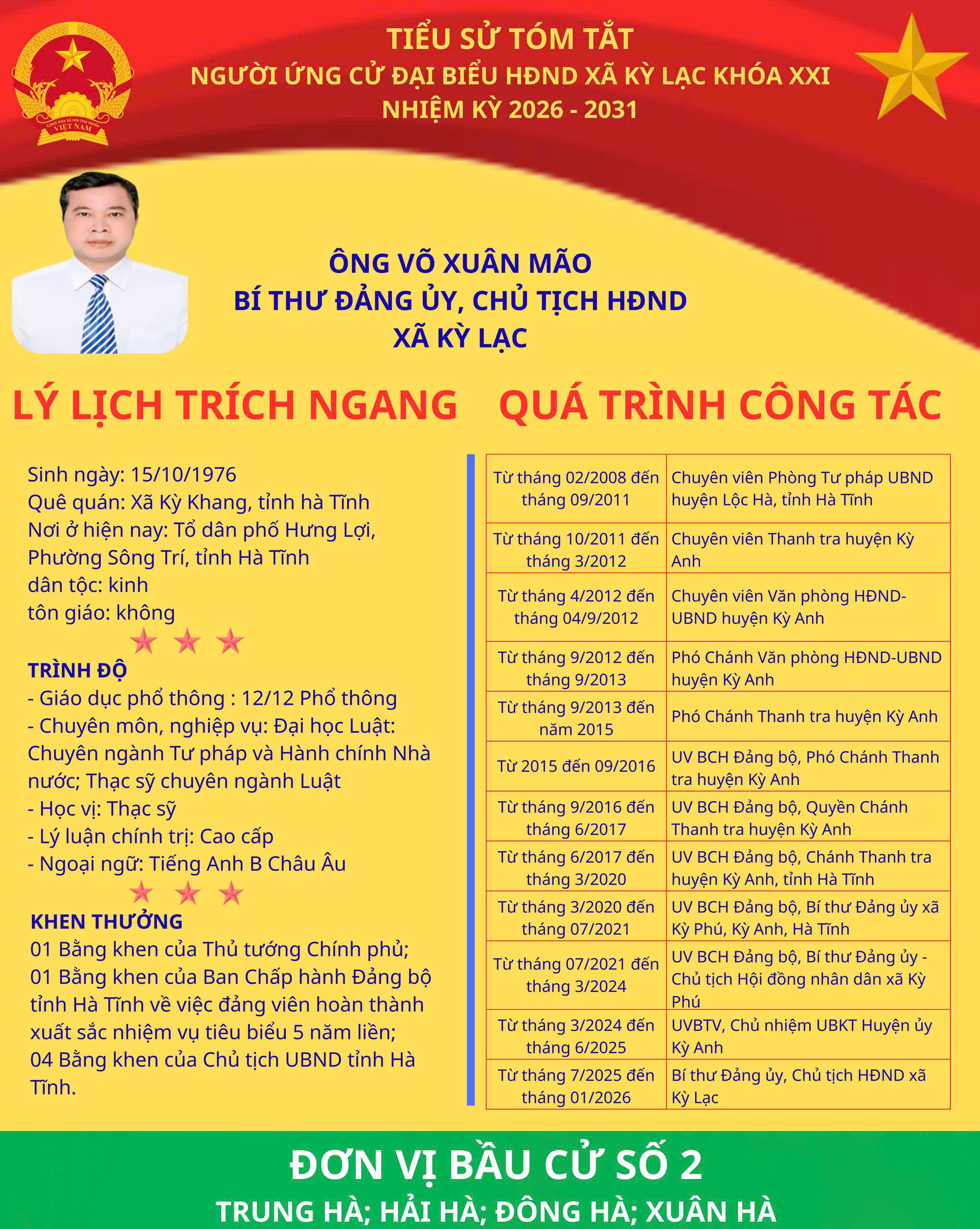 ĐẢNG ỦY XÃ KỲ LẠC TRÂN TRỌNG GIỚI THIỆU THÔNG TIN ĐỒNG CHÍ VÕ XUÂN MÃO, BÍ THƯ ĐẢNG ỦY, CHỦ TỊCH HĐND XÃ, ĐẠI BIỂU HĐND XÃ KỲ LẠC KHÓA XX, NHIỆM KỲ 2021 - 2026 ỨNG CỬ ĐẠI BIỂU HỘI ĐỒNG NHÂN DÂN XÃ KỲ LẠC KHÓA XXI, NHIỆM KỲ 2026 - 2031