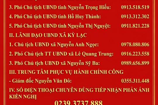 UBND xã Kỳ Lạc công khai địa chỉ và số điện thoại Tiếp nhận thông tin phản ánh, kiến nghị của người dân, doanh nghiệp trong giải quyết thủ tục hành chính