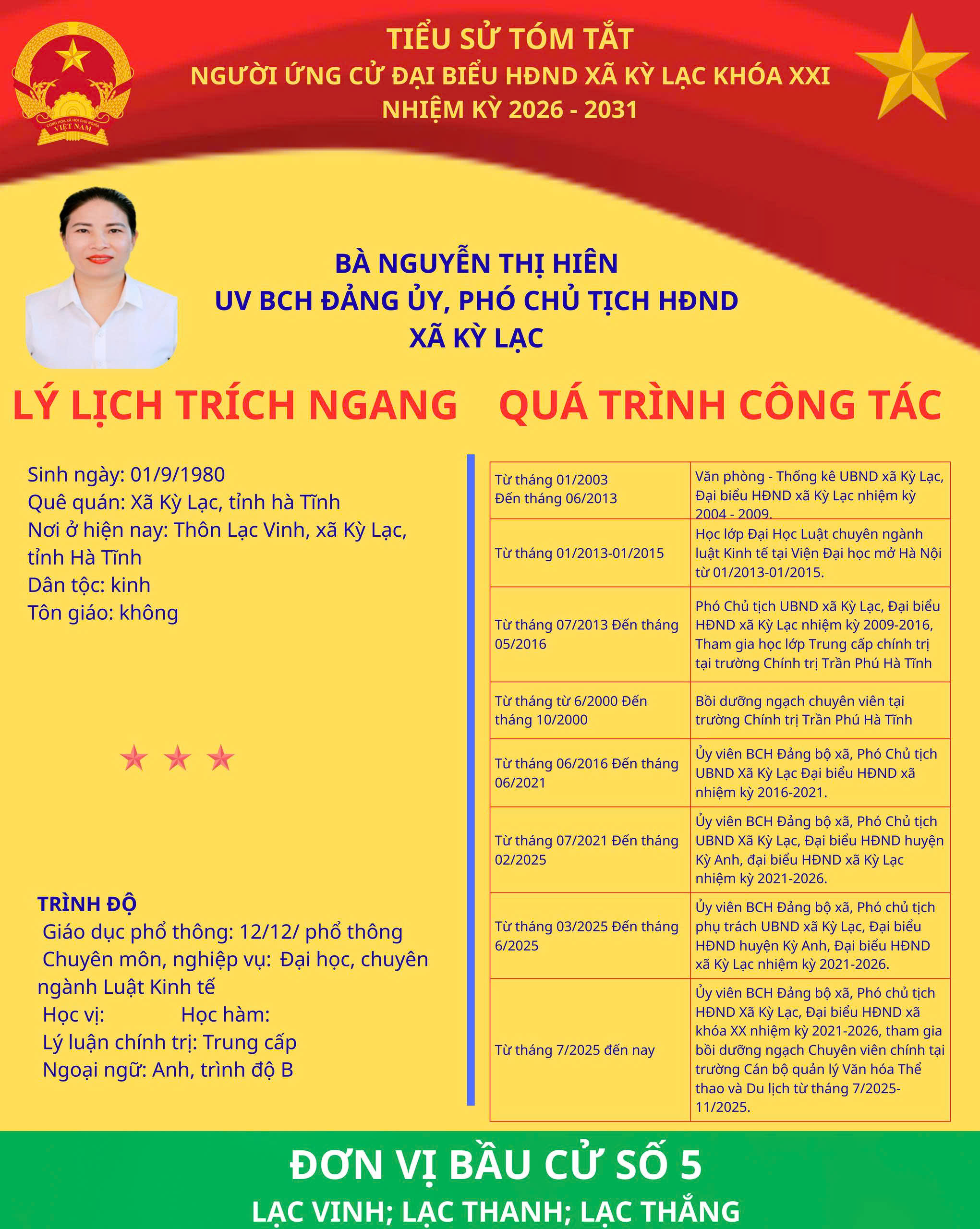 ĐẢNG ỦY XÃ KỲ LẠC TRÂN TRỌNG GIỚI THIỆU THÔNG TIN ĐỒNG CHÍ NGUYỄN THỊ HIÊN, ỦY VIÊN BTV ĐẢNG ỦY, PHÓ CHỦ TỊCH HĐND XÃ, ĐẠI BIỂU HĐND XÃ KỲ LẠC KHÓA XX, NHIỆM KỲ 2021 - 2026 ỨNG CỬ ĐẠI BIỂU HỘI ĐỒNG NHÂN DÂN XÃ KỲ LẠC KHÓA XXI, NHIỆM KỲ 2026 - 2031 